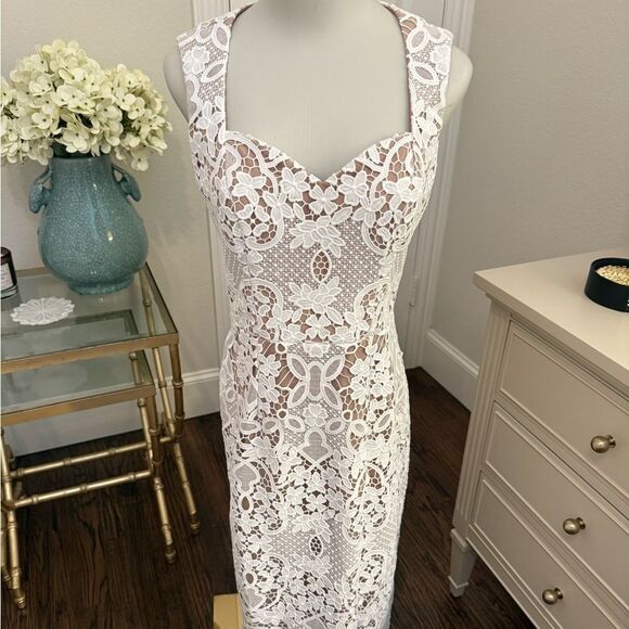 DRESS the POPULATION Jayleen White Nude Floral Guipure Lace Cocktail Midi - Picture 4 of 8